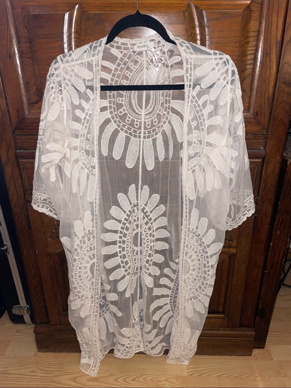Rebellion Long Sheer Lace Kimono, size medium